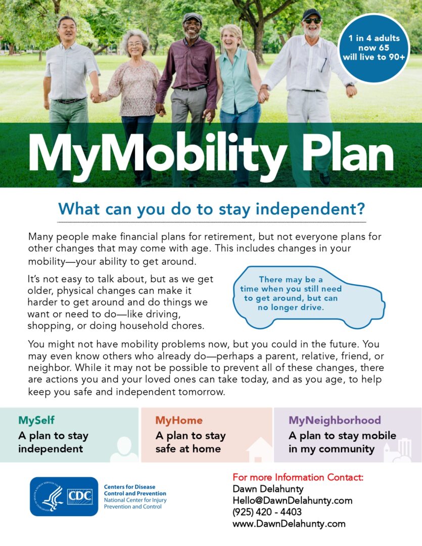 A poster with people walking and text about the mymobility plan.